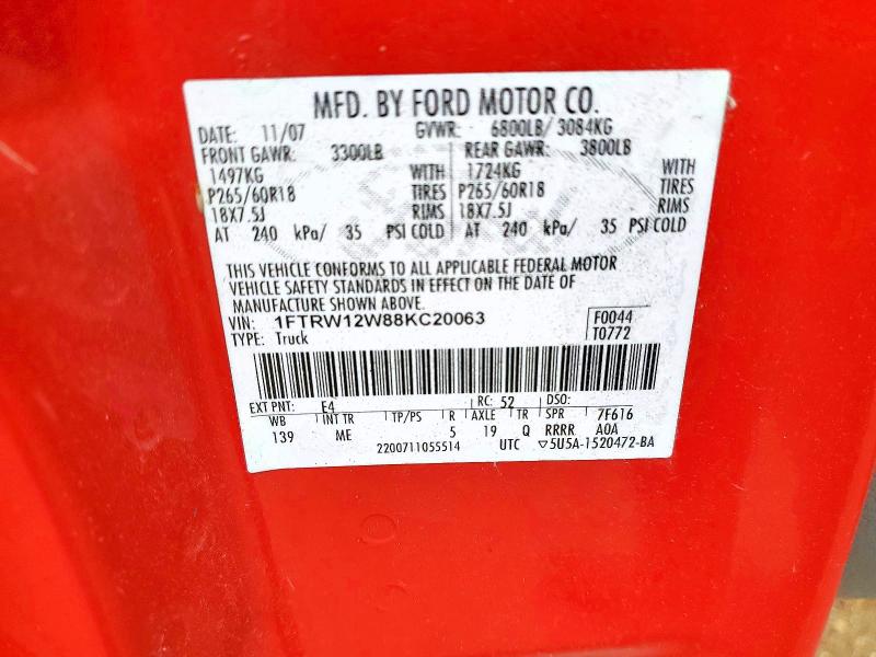 60808016 :رقم المزاد ، 1FTRW12W88KC20063 vin ، 2008 Ford F150 مزاد بيع
