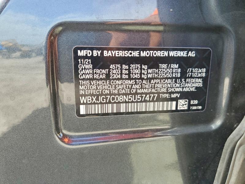 2022 Bmw X1 მანქანა იყიდება აუქციონზე, vin: WBXJG7C08N5U57477, აუქციონის ნომერი: 62629286