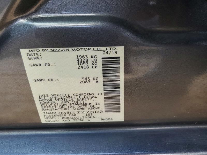 Продаж на аукціоні авто 2019 Nissan Altima, vin: 1N4BL4BV8KC227802, номер лоту: 61711476