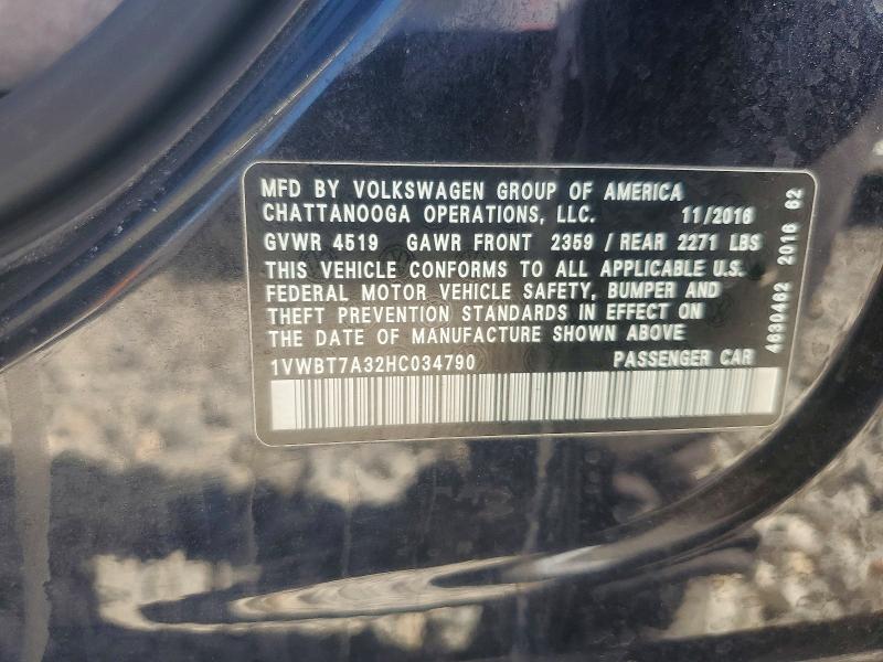 Aukcja sprzedaży 2017 Volkswagen Passat, vin: 1VWBT7A32HC034790, numer aukcji: 62453066