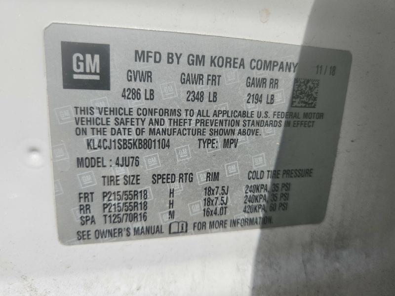 2019 Buick Encore მანქანა იყიდება აუქციონზე, vin: KL4CJ1SB5KB801104, აუქციონის ნომერი: 57436536