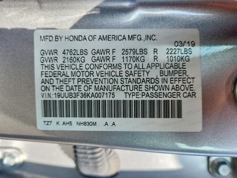 62611356 :رقم المزاد ، 19UUB3F36KA007175 vin ، 2019 Acura Tlx مزاد بيع