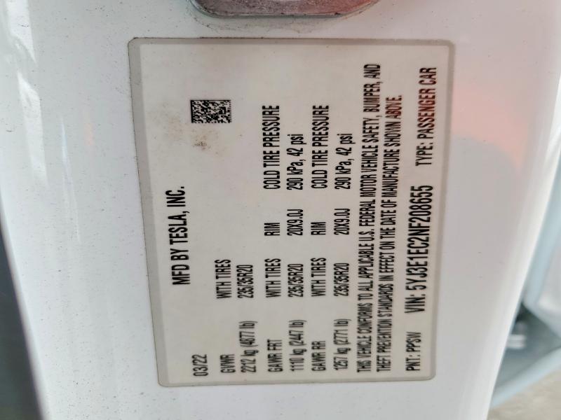 59922546 :رقم المزاد ، 5YJ3E1EC2NF208655 vin ، 2022 Tesla Model 3 مزاد بيع