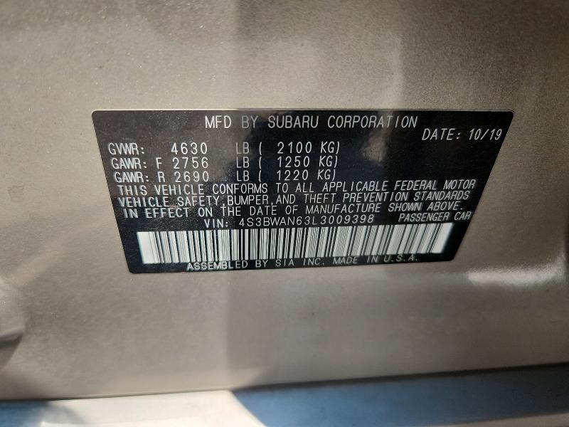 Aukcja sprzedaży 2020 Subaru Legacy, vin: 4S3BWAN63L3009398, numer aukcji: 61892496