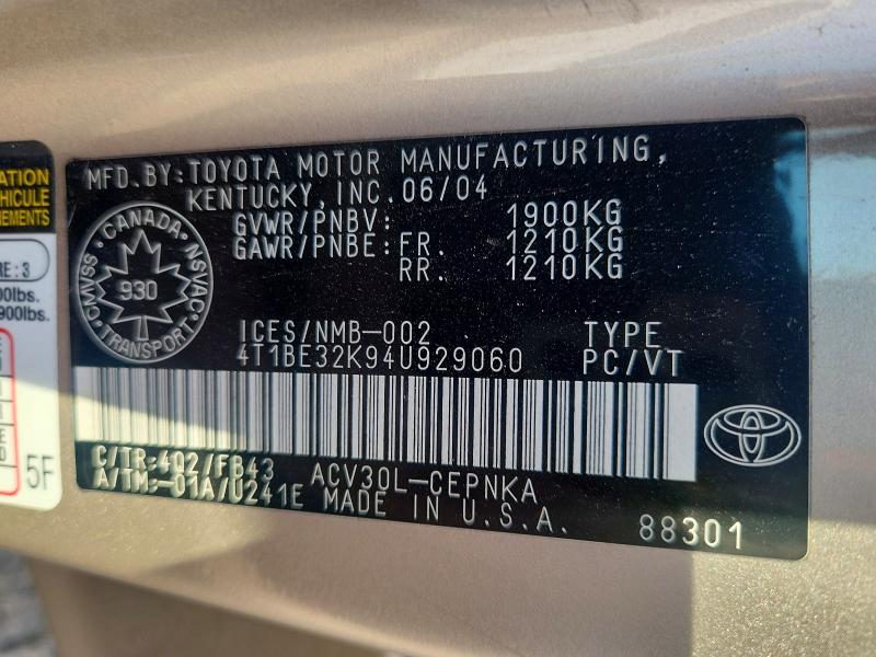 Продажа на аукционе авто 2004 Toyota Camry, vin: 4T1BE32K94U929060, номер лота: 59627046