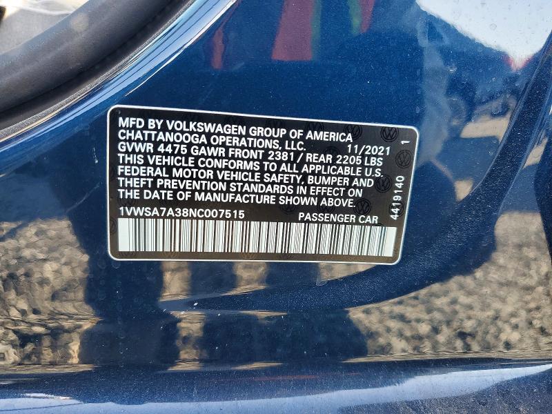 Aukcja sprzedaży 2022 Volkswagen Passat, vin: 1VWSA7A38NC007515, numer aukcji: 62264996