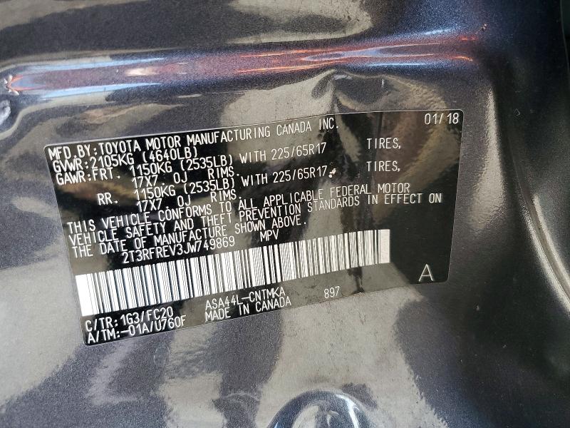 62133216 :رقم المزاد ، 2T3RFREV3JW749869 vin ، 2018 Toyota Rav4 مزاد بيع