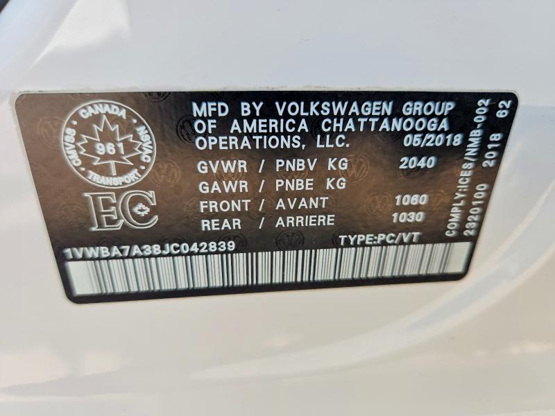 Aukcja sprzedaży 2018 Volkswagen Passat, vin: 1VWBA7A38JC042839, numer aukcji: 62144366