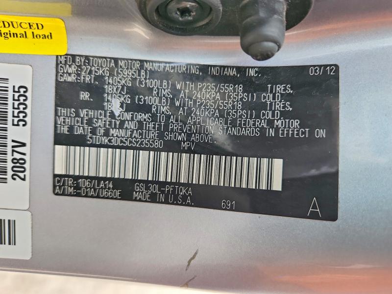 2012 Toyota Sienna მანქანა იყიდება აუქციონზე, vin: 5TDYK3DC5CS235580, აუქციონის ნომერი: 59735136