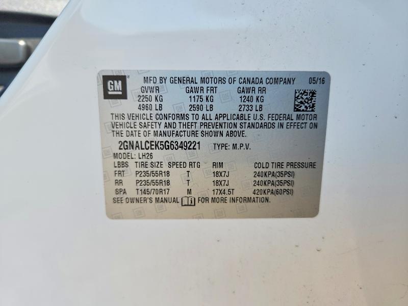 Продаж на аукціоні авто 2016 Chevrolet Equinox, vin: 2GNALCEK5G6349221, номер лоту: 60864906