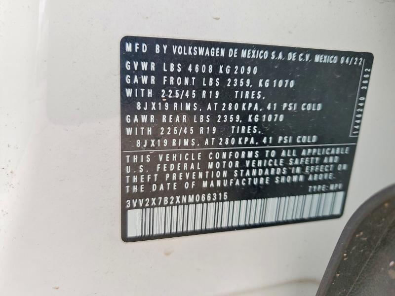 Продажа на аукционе авто 2022 Volkswagen Taos, vin: 3VV2X7B2XNM066315, номер лота: 62257516