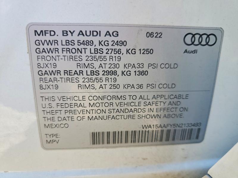 2022 Audi Q5 მანქანა იყიდება აუქციონზე, vin: WA15AAFY5N2133493, აუქციონის ნომერი: 59714456