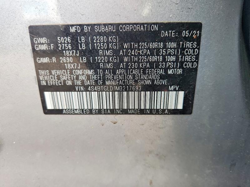 2021 Subaru Outback მანქანა იყიდება აუქციონზე, vin: 4S4BTGLD1M3217693, აუქციონის ნომერი: 61930086