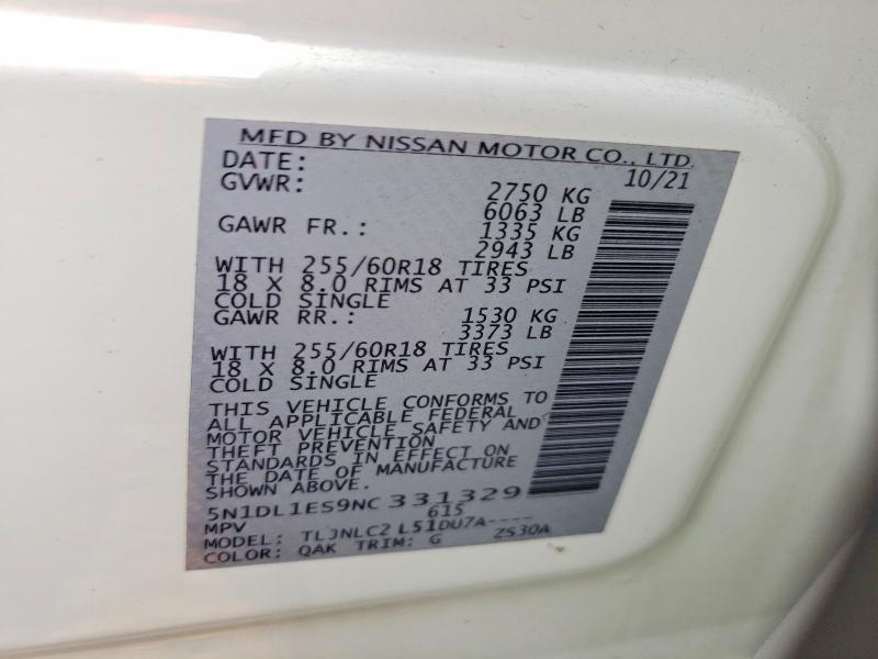 62263826 :رقم المزاد ، 5N1DL1ES9NC331329 vin ، 2022 Infiniti Qx60 مزاد بيع