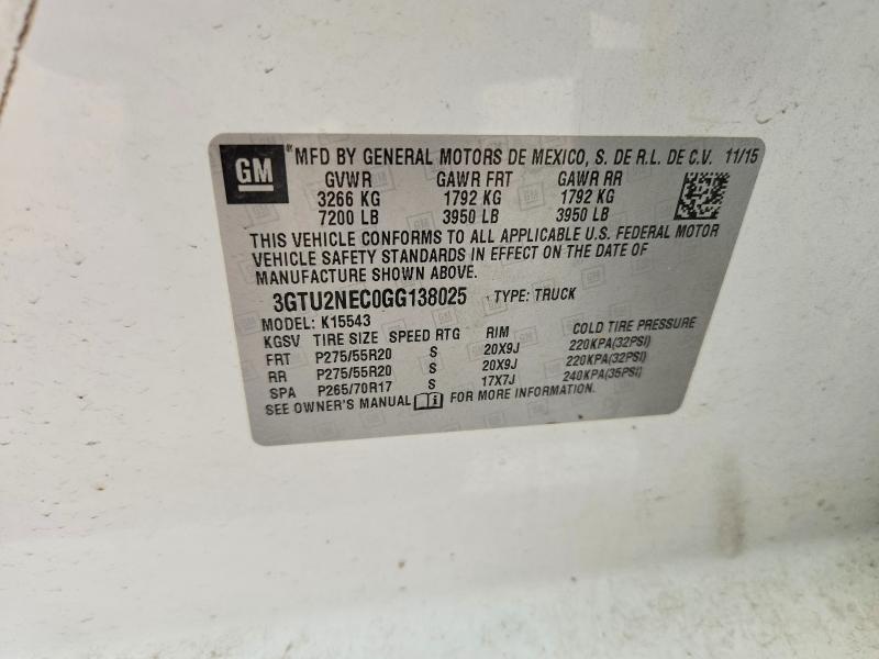 60287336 :رقم المزاد ، 3GTU2NEC0GG138025 vin ، 2016 Gmc Sierra مزاد بيع