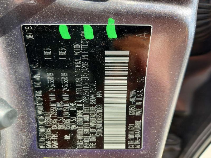 59327416 :رقم المزاد ، 5TDKZRFH0KS570063 vin ، 2019 Toyota Highlander مزاد بيع