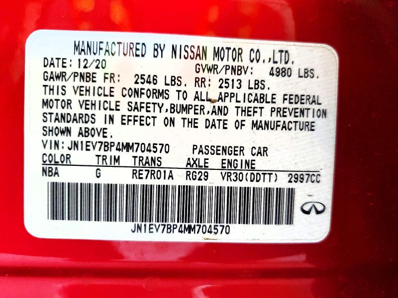61809646 :رقم المزاد ، JN1EV7BP4MM704570 vin ، 2021 Infiniti Q50 مزاد بيع