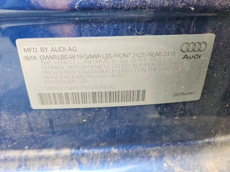 Aukcja sprzedaży 2005 Audi A4, vin: WAULC68E75A068690, numer aukcji: 60623676