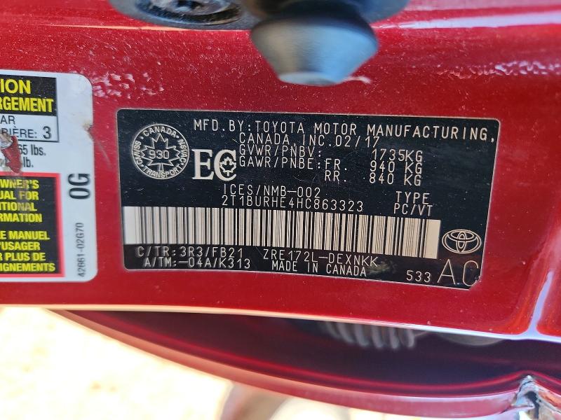 Продаж на аукціоні авто 2017 Toyota Corolla, vin: 2T1BURHE4HC863323, номер лоту: 58893586