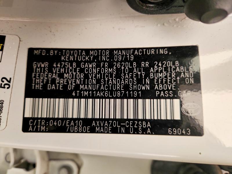 2020 Toyota Camry მანქანა იყიდება აუქციონზე, vin: 4T1M11AK6LU871191, აუქციონის ნომერი: 61434906