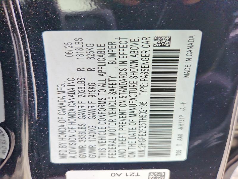 60050936 :رقم المزاد ، 2HGFE2F25TH502195 vin ، 2026 Honda Civic مزاد بيع