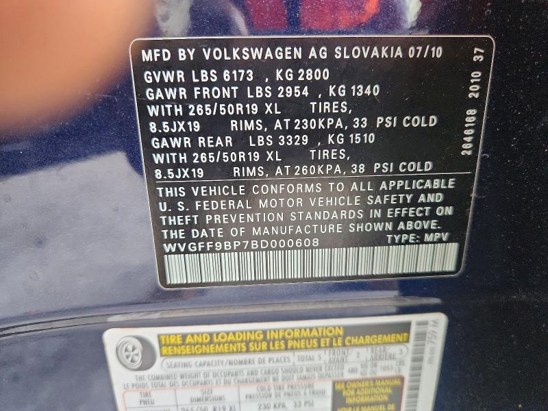 2011 Volkswagen Touareg მანქანა იყიდება აუქციონზე, vin: WVGFF9BP7BD000608, აუქციონის ნომერი: 61214136