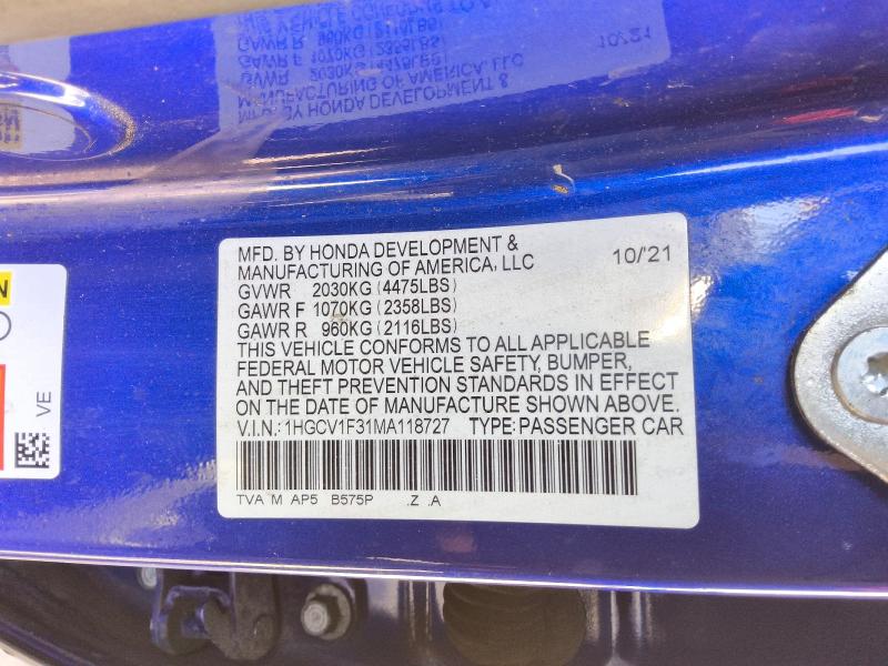 Aukcja sprzedaży 2021 Honda Accord, vin: 1HGCV1F31MA118727, numer aukcji: 61917256