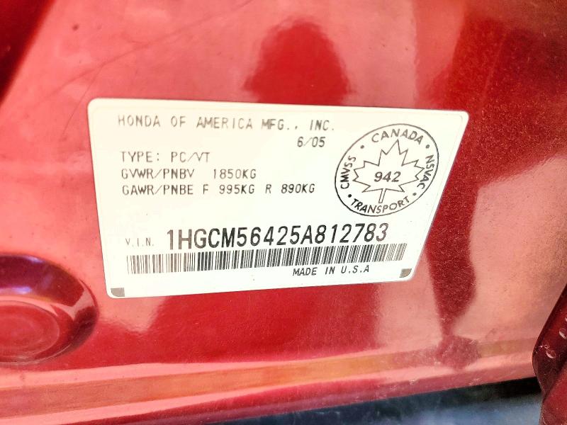 2005 Honda Accord მანქანა იყიდება აუქციონზე, vin: 1HGCM56425A812783, აუქციონის ნომერი: 62041356