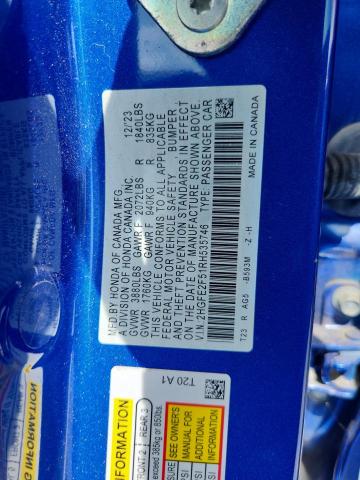 Продажа на аукционе авто 2024 Honda Civic, vin: 2HGFE2F51RH535746, номер лота: 63181096