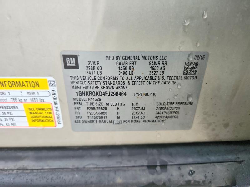 Aukcja sprzedaży 2015 Chevrolet Traverse, vin: 1GNKRGKD4FJ296464, numer aukcji: 62561626