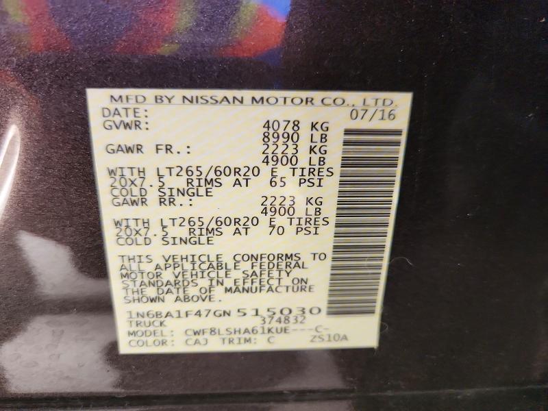 2016 Nissan Titan Xd მანქანა იყიდება აუქციონზე, vin: 1N6BA1F47GN515030, აუქციონის ნომერი: 59300166