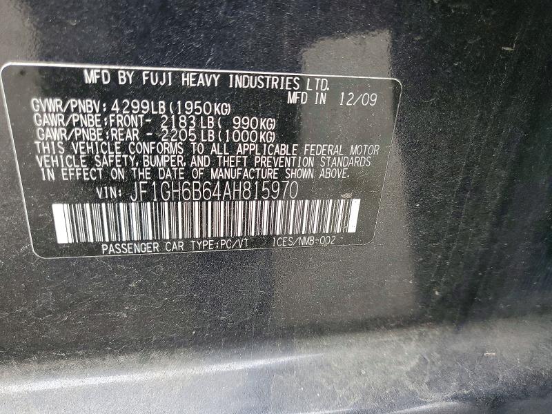 2010 Subaru Impreza მანქანა იყიდება აუქციონზე, vin: JF1GH6B64AH815970, აუქციონის ნომერი: 57956766