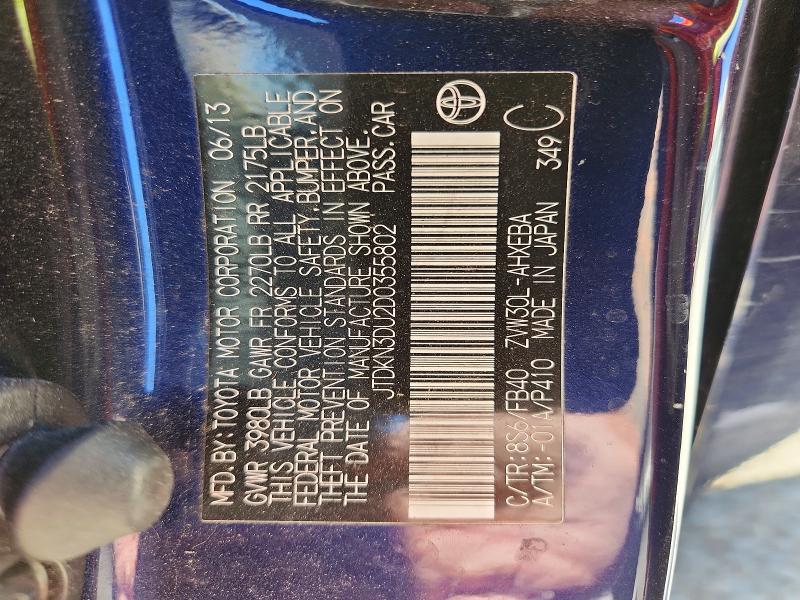 Aukcja sprzedaży 2013 Toyota Prius, vin: JTDKN3DU2D0355802, numer aukcji: 62441736