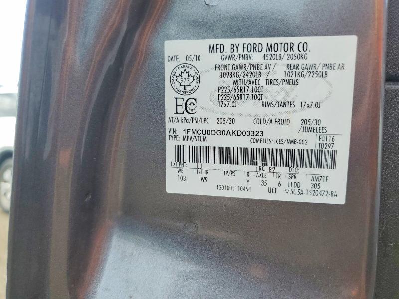 Продажа на аукционе авто 2010 Ford Escape, vin: 1FMCU0DG0AKD03323, номер лота: 62998646