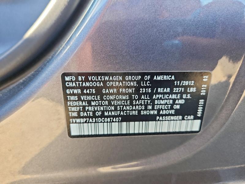 Aukcja sprzedaży 2013 Volkswagen Passat, vin: 1VWBP7A31DC067407, numer aukcji: 63357496