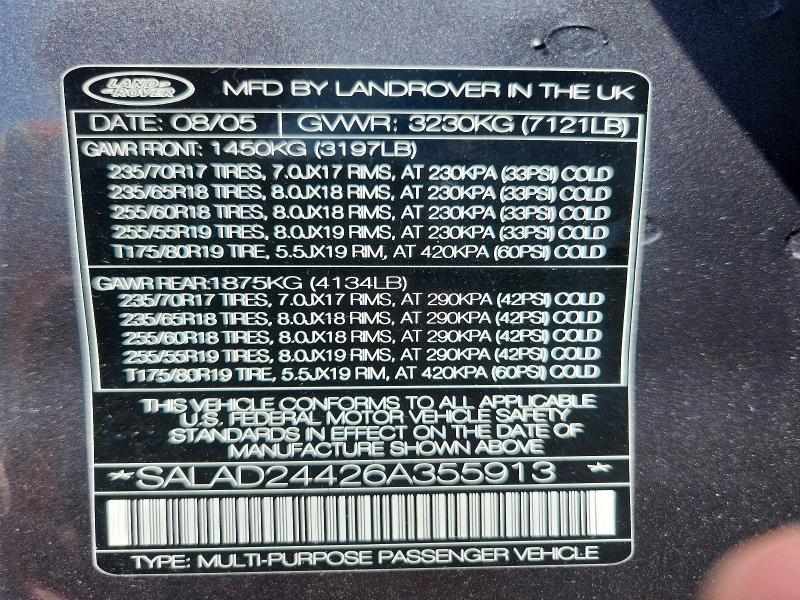 2006 Land Rover Lr3 მანქანა იყიდება აუქციონზე, vin: SALAD24426A355913, აუქციონის ნომერი: 63406576