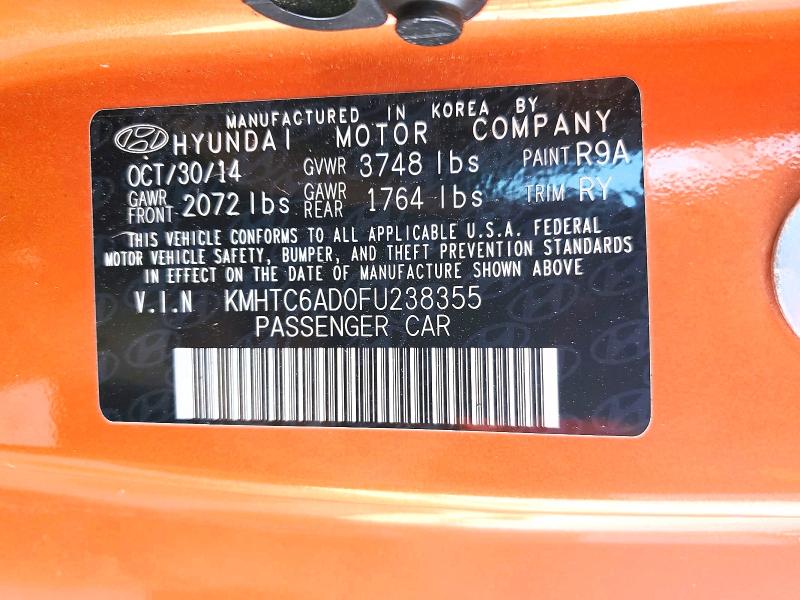 2015 Hyundai Veloster მანქანა იყიდება აუქციონზე, vin: KMHTC6AD0FU238355, აუქციონის ნომერი: 60858586