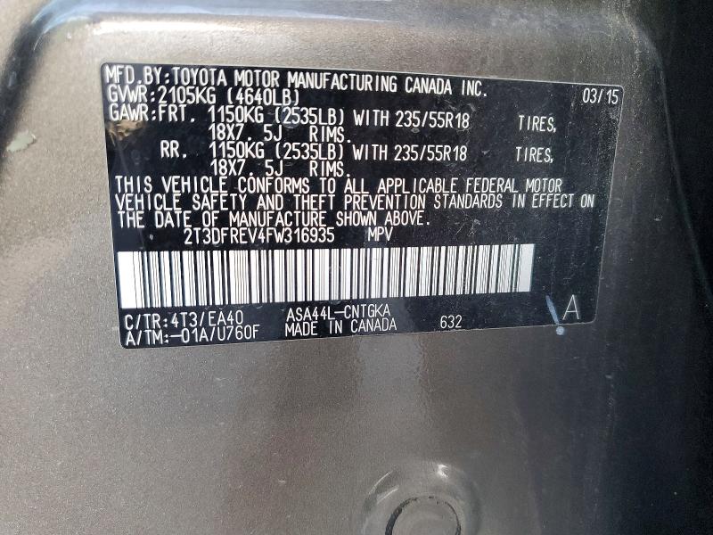 Aukcja sprzedaży 2015 Toyota Rav4, vin: 2T3DFREV4FW316935, numer aukcji: 63082486