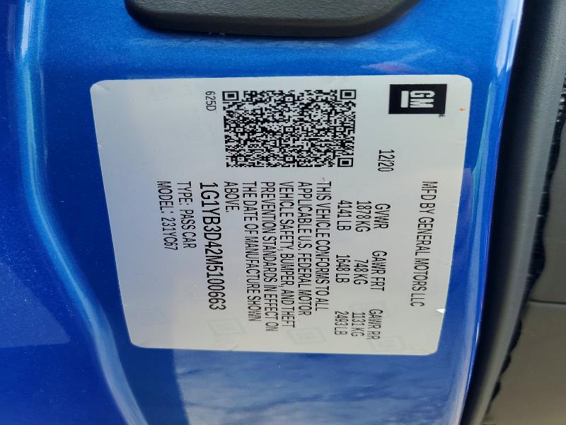2021 Chevrolet Corvette მანქანა იყიდება აუქციონზე, vin: 1G1YB3D42M5100663, აუქციონის ნომერი: 60564676