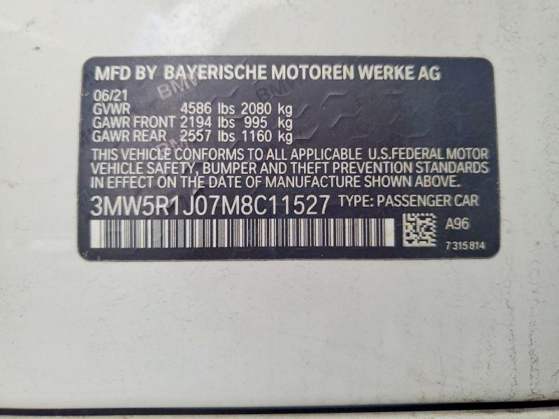 60959696 :رقم المزاد ، 3MW5R1J07M8C11527 vin ، 2021 Bmw 330i مزاد بيع