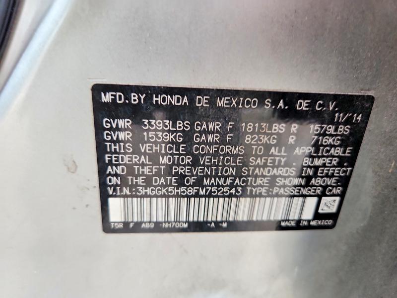2015 Honda Fit მანქანა იყიდება აუქციონზე, vin: 3HGGK5H58FM752543, აუქციონის ნომერი: 60295786
