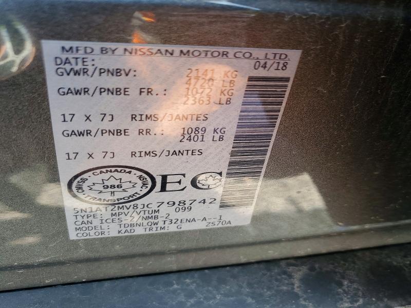 60922446 :رقم المزاد ، 5N1AT2MV8JC798742 vin ، 2018 Nissan Rogue مزاد بيع