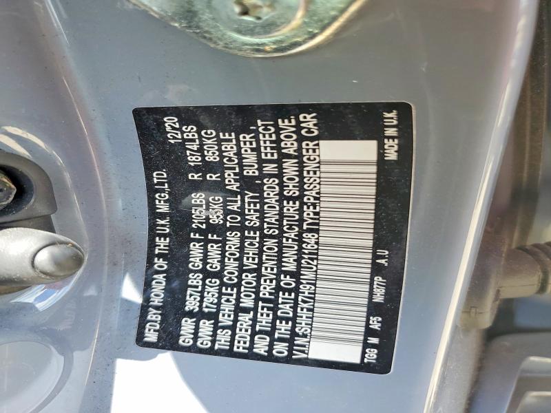 Aukcja sprzedaży 2021 Honda Civic, vin: SHHFK7H91MU211648, numer aukcji: 62255976