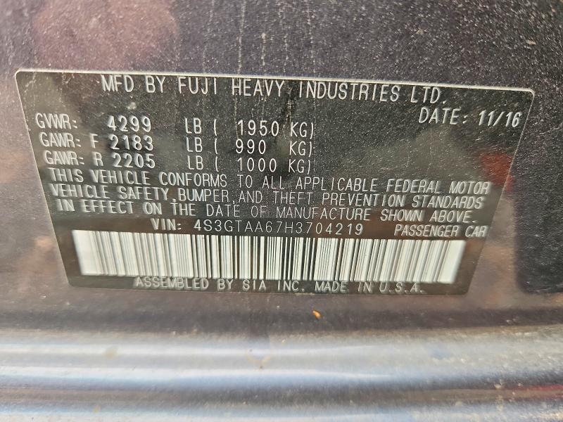 61036466 :رقم المزاد ، 4S3GTAA67H3704219 vin ، 2017 Subaru Impreza مزاد بيع