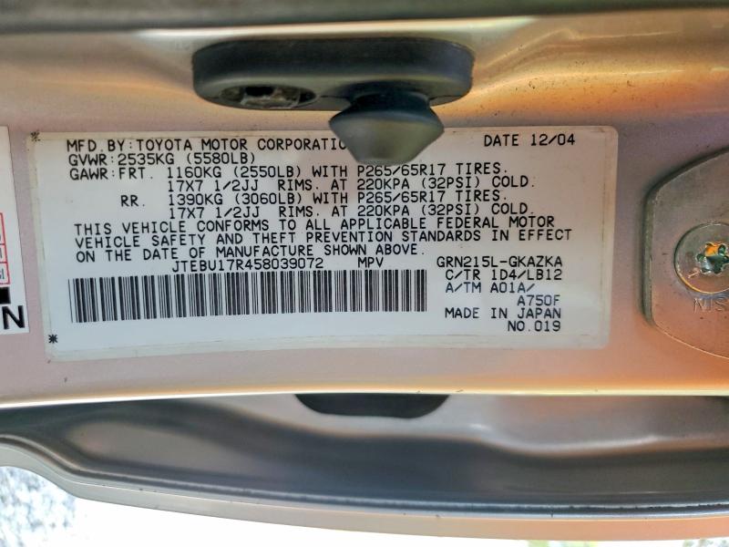 Aukcja sprzedaży 2005 Toyota 4runner, vin: JTEBU17R458039072, numer aukcji: 63063756
