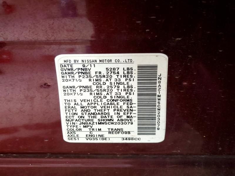 Aukcja sprzedaży 2012 Nissan Murano, vin: JN8AZ1MW5CW203079, numer aukcji: 63110606