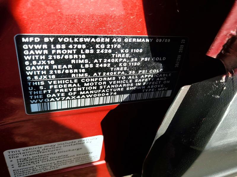 Aukcja sprzedaży 2010 Volkswagen Tiguan, vin: WVGAV7AX4AW000474, numer aukcji: 61577776