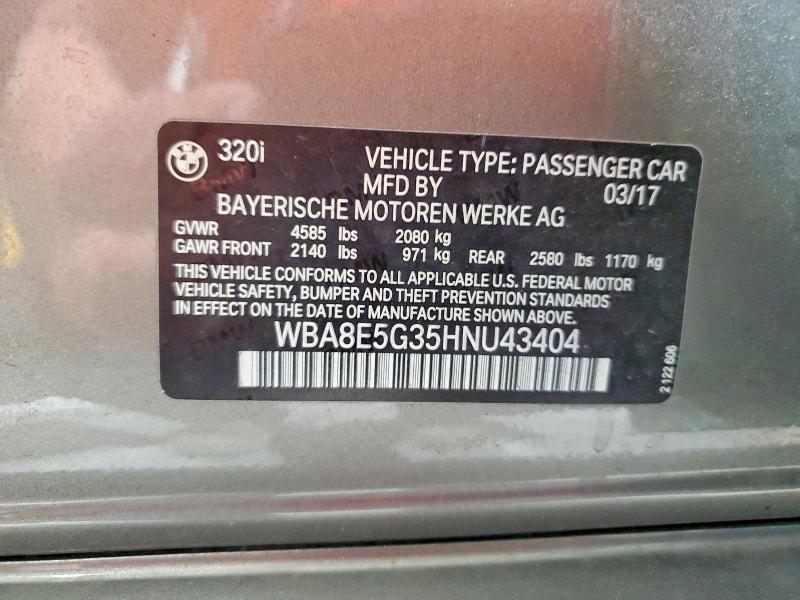 2017 Bmw 320 მანქანა იყიდება აუქციონზე, vin: WBA8E5G35HNU43404, აუქციონის ნომერი: 63319746