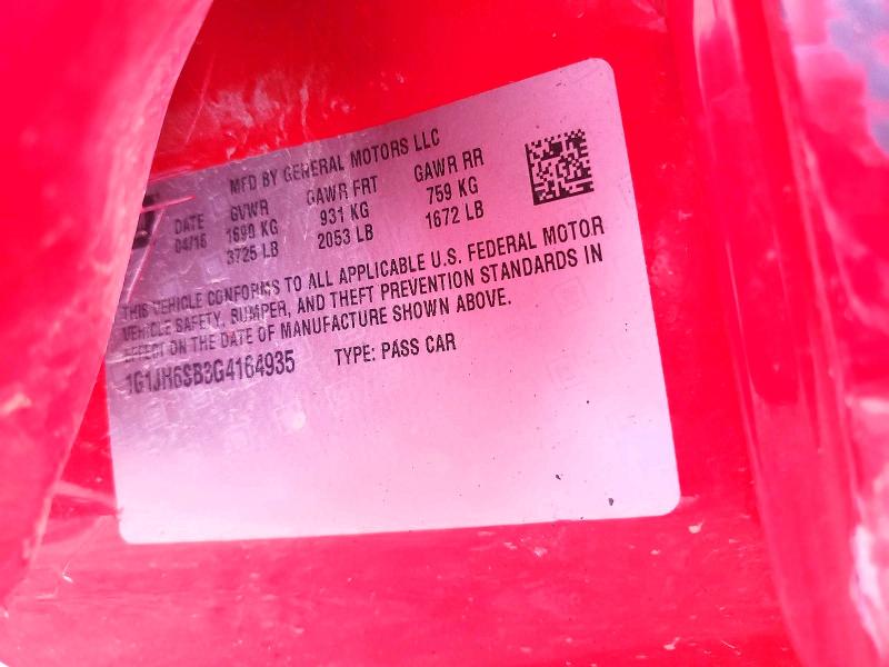 2016 Chevrolet Sonic მანქანა იყიდება აუქციონზე, vin: 1G1JH6SB3G4164935, აუქციონის ნომერი: 59949786