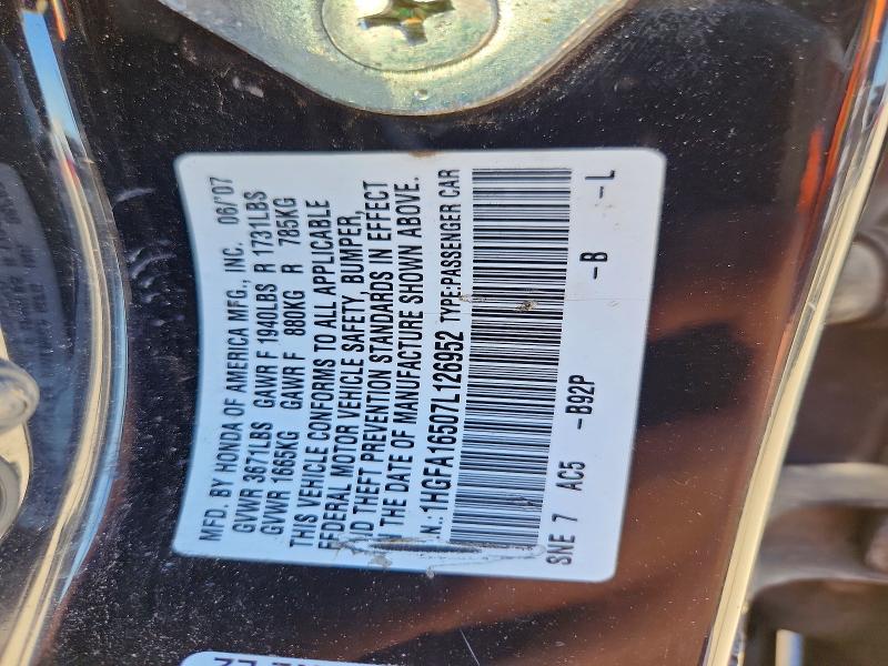 2007 Honda Civic მანქანა იყიდება აუქციონზე, vin: 1HGFA16507L126952, აუქციონის ნომერი: 59650566
